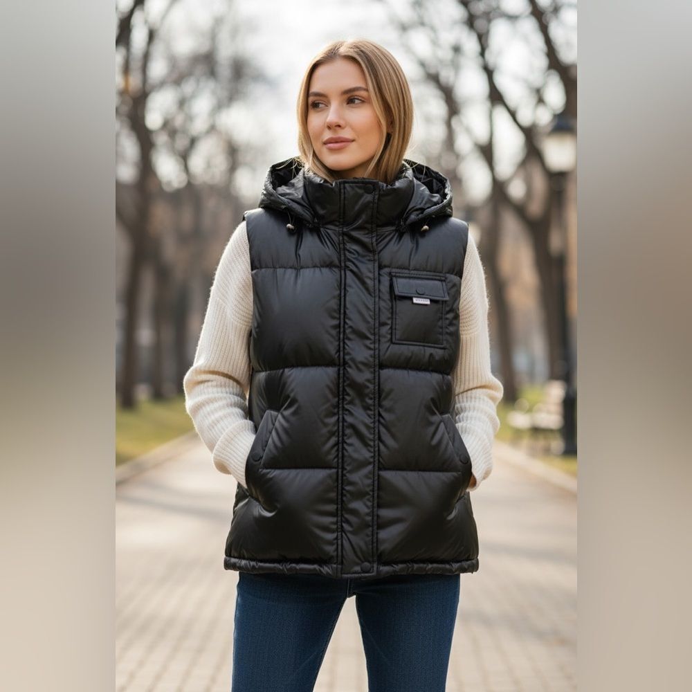 New black ling puffer vest w removable hood